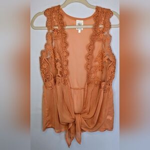 Self Esteem Sheer Cardigan Sleeveless Blouse Peach Sz L Women Embroidery J-2